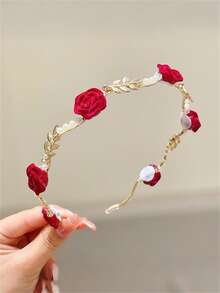 1pc Women's Fashion Elegant Red Rose Flower Hair Clip, Faux Pearl & Leaf Headband, Suitable For Daily Wear And New Year Outfit ,Hair Band,Hair Hoop Head Accessories - Red - View 6