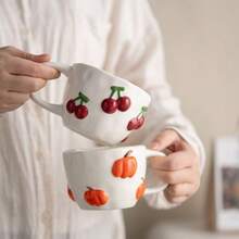 1pc Cute Fruit Embossed Design Ceramic Mug, Juice Big Cup Designed For Sweet Girls, Strawberry, Cherry, Pumpkin, Milk Cup, Coffee Cup, 420ml/14.20oz, Suitable For Summer And Winter Drinks, New Year, Valentine's Day Holiday Gift - White - View 3