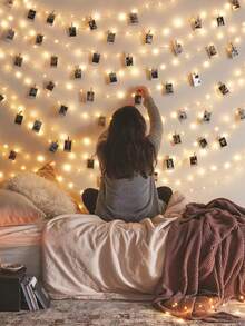 1条家居装饰木质夹子铜线灯串，1-10米，照片夹装饰灯串，适用于卧室墙面装饰、婚礼装饰、生日派对装饰、情人节装饰灯串（夹子数量可能存在2-3个误差） - 銅線+木夾子 - 查看 4