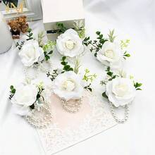 Meldel White Rose Wrist Corsage, Pack Of 2 PCS Wedding Bridal Wrist Flower Corsage Hand Flower Artificial Silk Rose Decor For Prom Party Wedding,2WristCosagesWhite - 2個白色腕花 - 查看 7