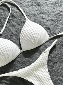 Textured White Bikini Set, Ruffled Triangle Top + Low-Waist Swim Bottoms, Essential For Beach Parties | Vacation Essential Swimwear - White - View 6