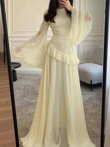 Unadoll 女士春夏圆领喇叭袖连衣裙，收腰设计，荷叶边装饰，网纱面料，优雅独特，适合约会、度假、生日、派对、情人节等场合。 - 杏色 - 查看 3