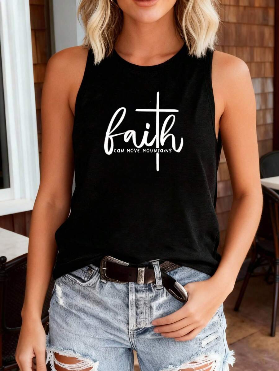 1pc Women Round Neck Camisole Top, 3D Letter Print, Casual Summer Vest, Sleeveless T-Shirt - Black - View 1