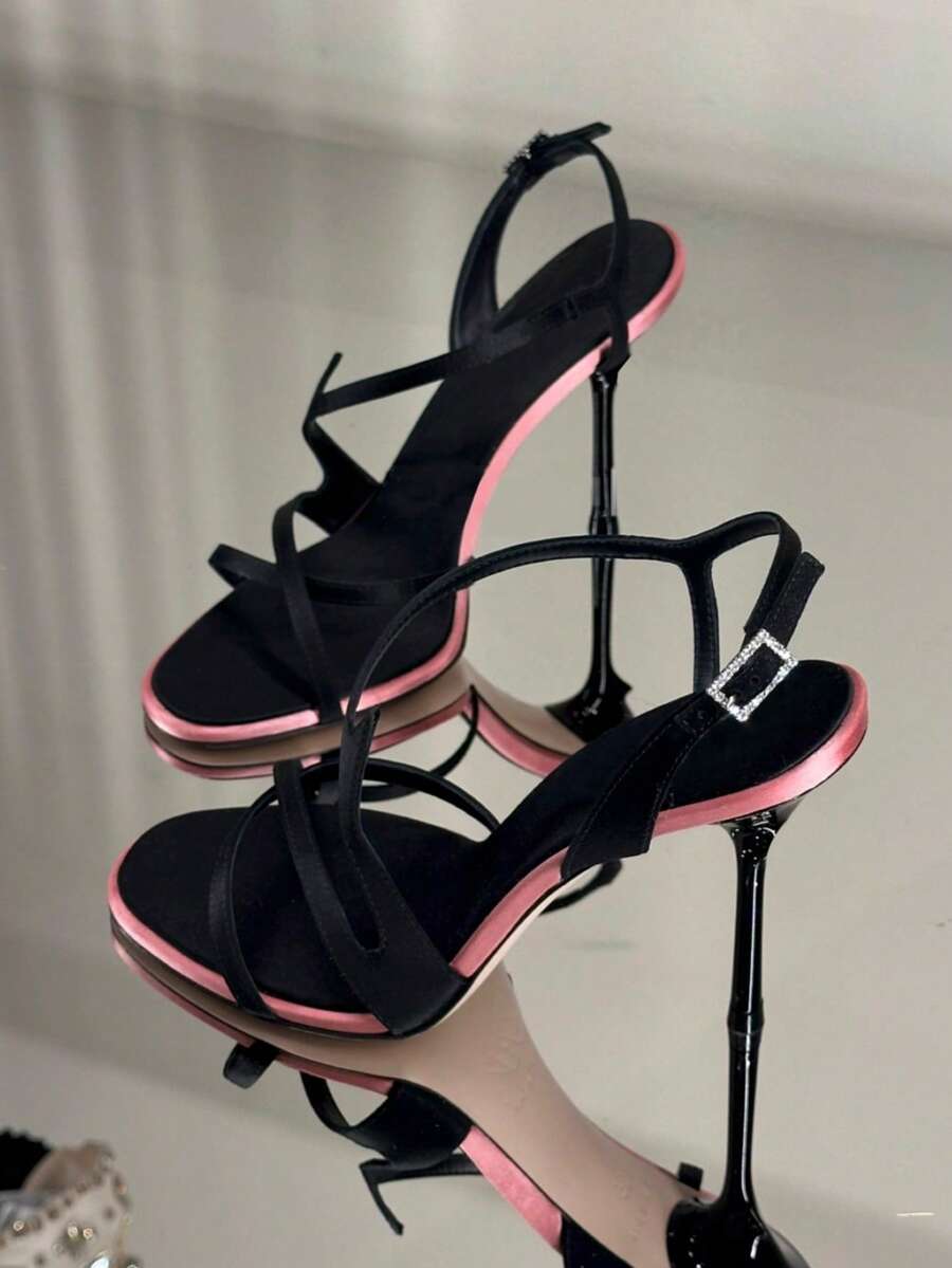 优雅水钻装饰方头缎面高跟凉鞋，性感露跟踝带女式礼服鞋，春夏穿搭 - 黑色 - 查看 1