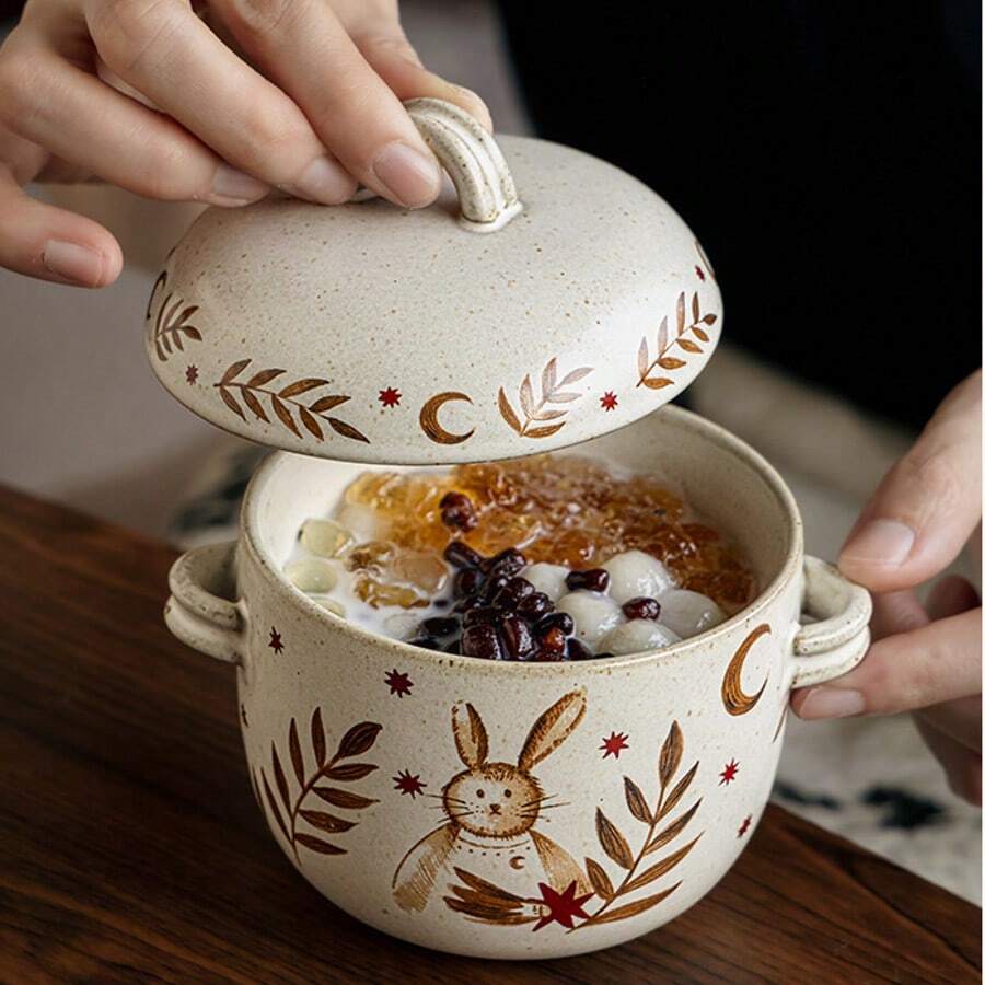 1pc Elegant Vintage Covered Double-Ear Ceramic Soup Bowl, Single Serving Porridge/Custard/Steamed Egg Cup - Multicolor - View 1