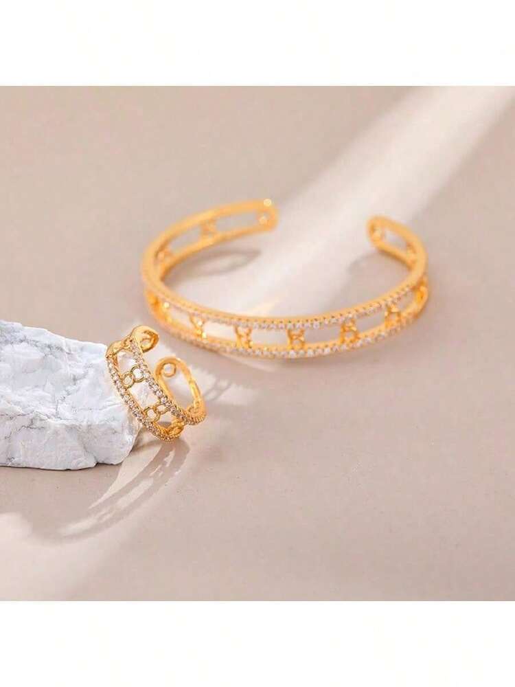 Cubic Zirconia Decor Cuff Bangle & Cuff Ring