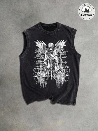 Regata masculina com estampa gótica, modelo casual sem mangas com lavagem desgastada, ideal para uso diário e para o verão.