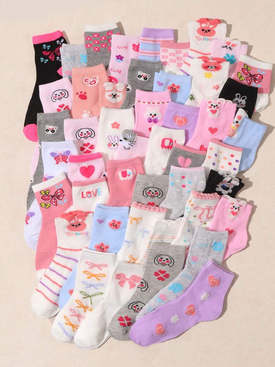 10双儿童夏季可爱动物图案袜子，包括萌熊、萌兔、爱心花、条纹等款式，舒适柔软透气，亲肤透气，适合日常休闲穿着。 - 彩色 - 查看 1