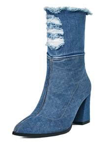 Women's Blue Denim Ankle Boots Pointed Toe Chunky High Heel Jeans Short Booties With Side Zipper Dress Shoes - 深藍 - 查看 5