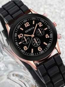 5件套女士石英表套装，包含金色配件和黑色玫瑰金心形装饰（黑色硅胶表带多功能石英表、心形链手链、心形项链和心形耳环） - 黑色 - 查看 5