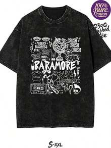 230G Washed Pure Cotton T-Shirt, Rock Band Style, With "" Band - Related Element Pattern Print, Outdoor Sports T-Shirt |     Loose Fit |     Soft Knitted T-Shirt - 黑色 - 查看 1