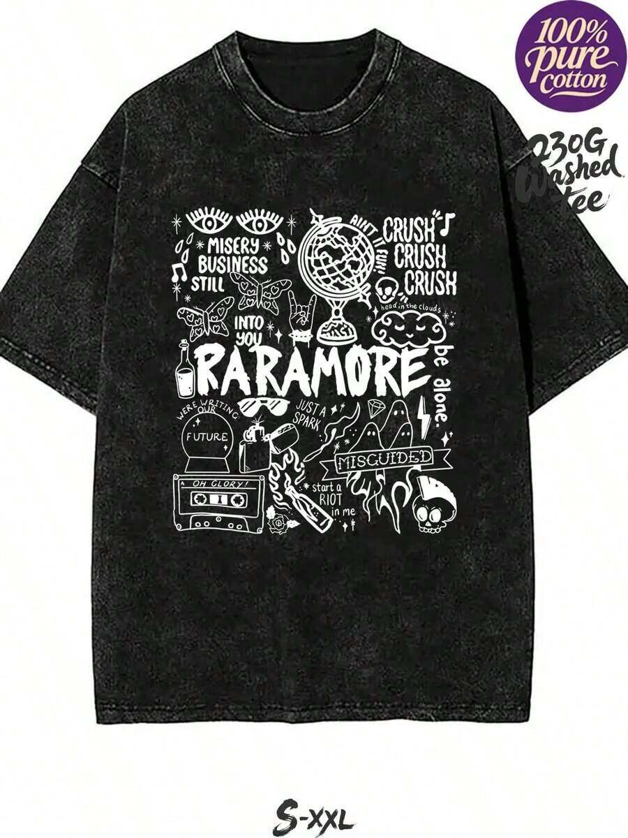 230G Washed Pure Cotton T-Shirt, Rock Band Style, With "" Band - Related Element Pattern Print, Outdoor Sports T-Shirt |     Loose Fit |     Soft Knitted T-Shirt - 黑色 - 查看 1