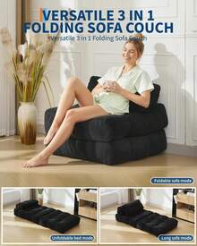 3-in-1 Faltbares Schlafsofa – Umwandelbarer Einzel-Sessel mit Kissen, klappbarer Matratze & Rückenstütze – Bequemer Bodensessel & Gästebett - Schwarz - Übersicht 4