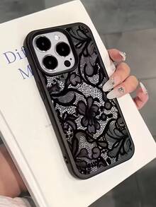 1pc Black Lace Flower Textured Matte Anti-Fall TPU Fashionable Phone Protective Case Suitable For IPhone 16, 15, 14, 13, 12, 11, 17 Pro Max