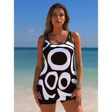 Women's Tankini Swimwear – Relaxed Fit Two-Piece Set For Beach, Pool & Resort Days - Black and White - View 2