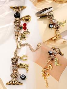 1pc Adjustable Vintage Music Festival Style Leopard Print Cherry 8 Ball Pendant Bracelet, Compatible With Apple Watch 38/40/41/42/44/45/46/49mm SE/Ultra/11/10/9/8/7/6/5/4/3/2/1 Series Women Watch Band Accessory - Gold - View 9