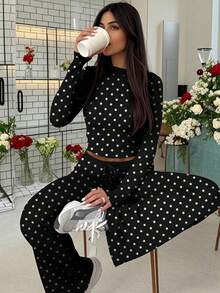 Fashionable Casual Long Sleeve & Long Pants Polka Dot Suit For Women - Black - View 1