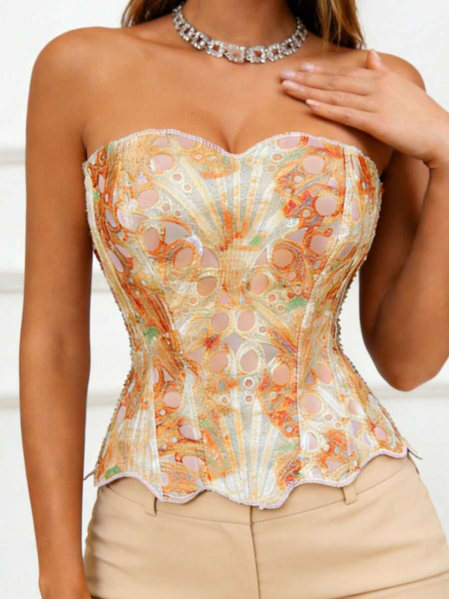 1 chiếc áo corset ren hoa mỏng màu vàng có họa tiết, khoét rỗng, kiểu áo quây, thích hợp mặc hàng ngày/dự tiệc/đám cưới mùa hè.