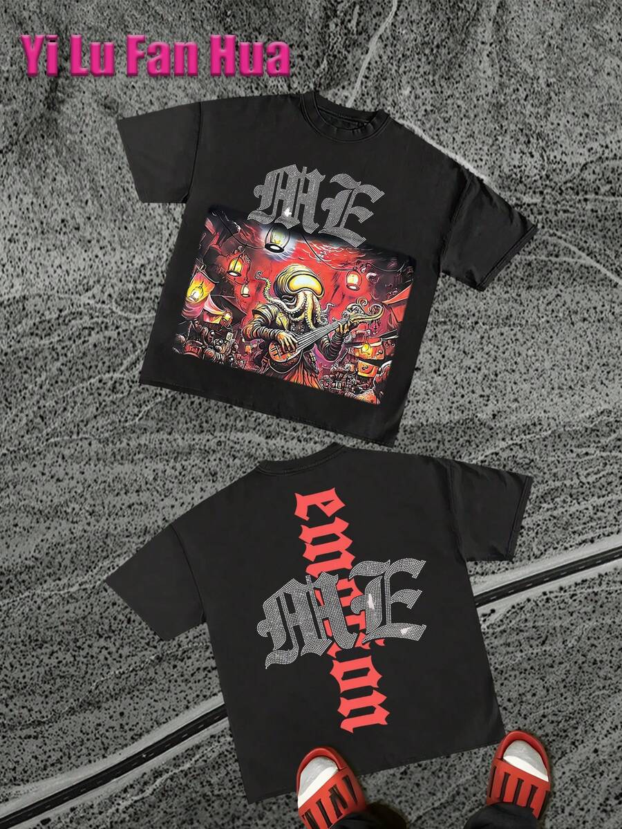 Octopus Playing Instrument Graphic Tees Fall Tops Halloween Clothes Shirts Men Clothes Romwe Jersey Accessories Men Concert Outfit Y2K (Cotton T-Shirt) Men's Round Neck Short-Sleeved Cotton Casual T-Shirt, Loose Style, Versatile, Unisex, Suitable For Holiday Travel! - 黑色7 - 查看 1