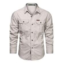 Men's Casual Cotton Cargo Shirt, Long-Sleeved Shirts For Camping And Hunting, Military Combat Shirt, Shirts For Hiking, Fishing, Hunting Clothes - Màu be - Xem 1
