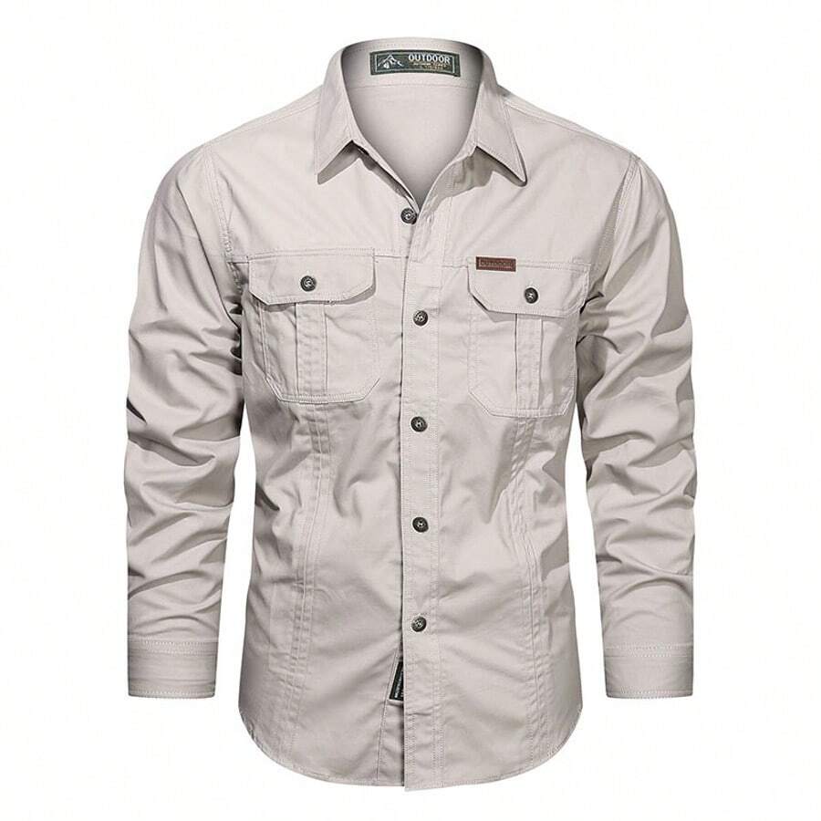 Men's Casual Cotton Cargo Shirt, Long-Sleeved Shirts For Camping And Hunting, Military Combat Shirt, Shirts For Hiking, Fishing, Hunting Clothes - Màu be - Xem 1
