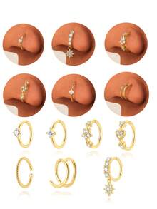 1pc 925 Sterling Silver Classic Star Nose Ring Earring, Low Allergy, Suitable For Cartilage, Conch, Tragus, Earlobe, Inner Ear, Navel Etc., Cubic Zirconia Inlaid, Versatile Fashion Jewelry Set, Suitable For Women, Casual And Any Occasions - Gold - View 3