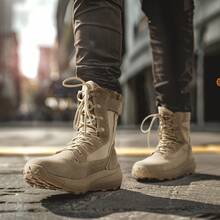 Botas de Trabajo Militares Tácticas Transpirables para Hombre Botas de Combate Ligeras de Cuero - Caqui - Ver 3