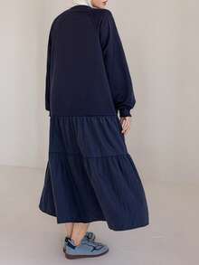 DAZY 女士纯色圆领长袖褶饰休闲秋冬连帽中长连衣裙，返校服装 - 藏蓝色 - 查看 2