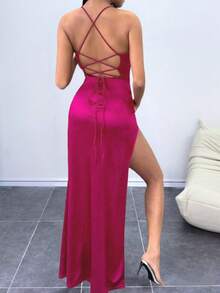 Women's Rose Red Satin Slit Maxi Dress, Perfect For Weddings, Formal Occasions, Christmas, New Year's Eve And More, For Valentine's Day - Hot Pink - View 8