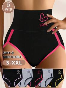 MIOTAN 5pcs Women's Mid/High Waist Panties, Colorblock, Letter Print, Elegant, Stretchy, Tummy Control, Soft, Breathable