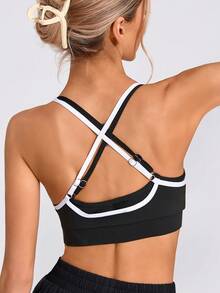 Women's Solid Color Round Neck Removable Padded Criss-Cross Adjustable Back Fashion Sports Knit Bra - Black - View 2