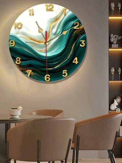 1pc Teal Marble Texture Abstract Modern Wall Clock - Wooden Silent Non-Ticking, Battery Powered (Batteries Not Included) - Round Home Decor, Suitable For Living Room, Bedroom, Office, Kitchen - Valentine's Day & Anniversary Gift, Living Room & Bedroom Clock, Contemporary Elegant, Non-Ticking Movement