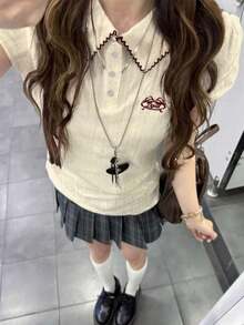 Kaos Polo Lengan Pendek Berkerah Motif Jacquard Gaya Preppy untuk Wanita, Kasual Musim Panas - Aprikot - View 2