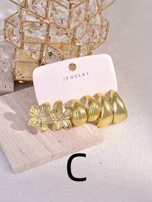 3/9 Pairs European & American Latest Fashion Bowknot, 5-Petal Flower Earring Set, Gold-Plated Women's Earrings, Teardrop/C-Shaped Hoop Earrings, Gift For Family/Friends And Her - Yellow Gold - View 13