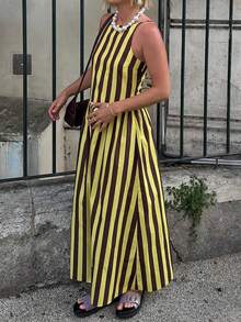 Đầm ôm dáng không tay màu nâu kẻ sọc - Đầm phong cách boho cổ điển dành cho nữ, phù hợp cho công sở, đi chơi và đi nghỉ mát mùa xuân/hè. - Nhiều màu - Xem 5
