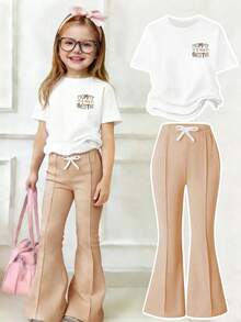 女童字母印花圆领短袖上衣和喇叭裤套装 - 白色 - 查看 2