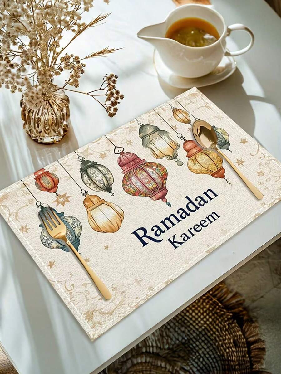 14/6/8/10件装斋月灯笼和星星图案餐垫，可机洗，耐热，高品质易清洁，可用于餐桌装饰、节日派对布置、桌面保护，也可作为礼物。 - 彩色 - 查看 1