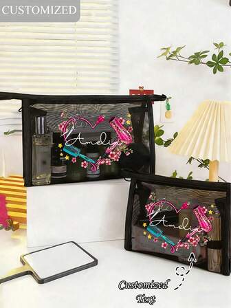 Personalized Name/Text/Logo Mesh Cosmetic Bag, Multi-Functional Minimalist Makeup Organizer Pouch, Mesh Makeup Bag, Portable Travel Storage Zipper Bag, Home, Office, Travel Toiletry Cosmetic Bag, Bohemian Style For Halloween