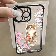 1pcs Floral Cat with Cherry Blossom Phone Case Compatible with Apple Phone17ProMax 16 15 14Plus 11 12 13 ProMax Silicone Shock Proof Vintage Girlish Style Cute Elegant Can Be Given To Friends Can Be Given To A Lover - Negro - Ver 3