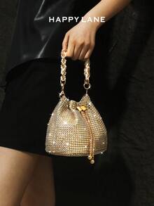 2025 Shiny Sequin & Rhinestone Mini Chain Drawstring Evening Bag, Luxury Sparkling Clutch, Rhinestone & Pearl Handbag, Elegant Chain Shoulder Bag, Suitable For Wedding Bride, Gala, Party, Ideal For Party Girls - Gold - View 1