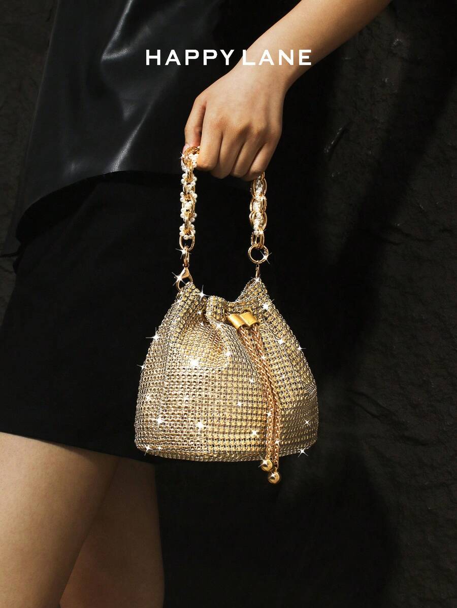 2025 Shiny Sequin & Rhinestone Mini Chain Drawstring Evening Bag, Luxury Sparkling Clutch, Rhinestone & Pearl Handbag, Elegant Chain Shoulder Bag, Suitable For Wedding Bride, Gala, Party, Ideal For Party Girls - Gold - View 1