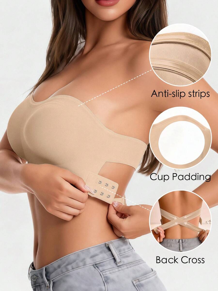 Black Strapless Non-Padded Invisible Seamless Bandeau Bra, Front Closure, Versatile Sexy Undergarment Suitable For Cold Shoulder And One-Shoulder Outfits - Apricot - View 1