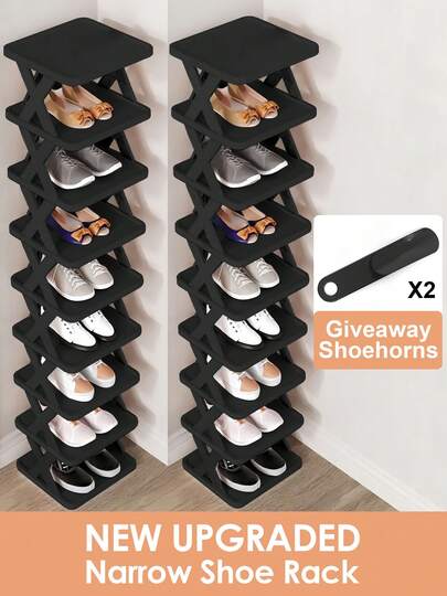 9/6 Tier Narrow Shoe Rack, New Upgraded Shoe Shelf Small Vertical Shoe Stand, Space Saving DIY Free Standing Shoes Storage Organizer For Entryway, Closet, Hallway, Easy Assembly And Stable In Structure, Black & White