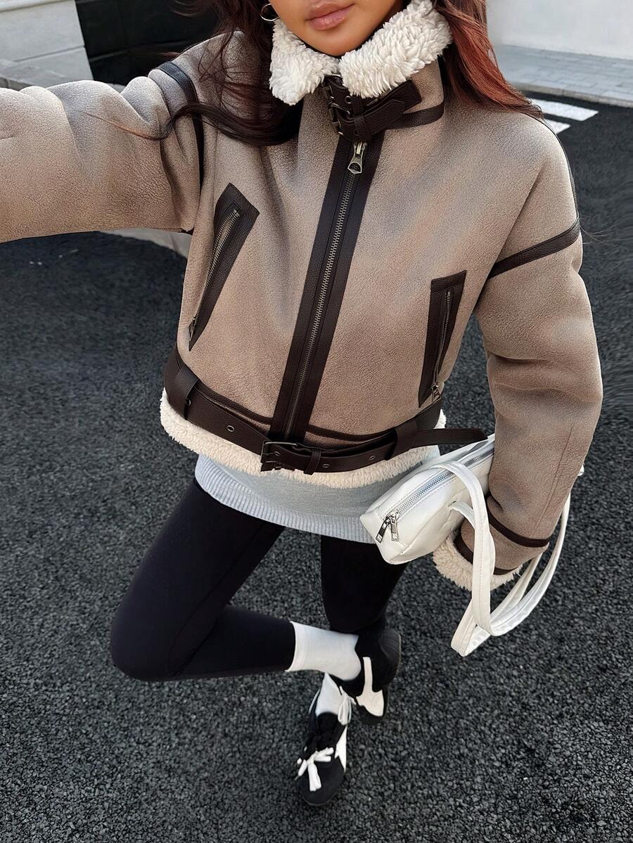 DEEKA 秋冬新款女式仿皮毛内衬机车夹克短外套 - 卡其色 - 查看 1