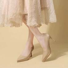Zapatos de tacón alto de color liso para mujer, tacón fino, estilo coreano, acabado brillante, silueta estilizada, zapatos elegantes para dama de honor, zapatos de tacón de cuero. - Albaricoque - Ver 5