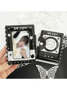 1pc K-Pop Photocard Album | Cute Black Cat, Dotted Stars, Pink Tone, Heart Snowman Design, Thick 3in PU Material Idol Photocard Collection Album - Black and White - View 2