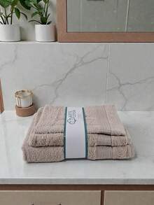 Elite 3-Piece Bath Towel Set | Hand (50x100cm), Face(40x60cm) & Body(80x150cm) Towel 78% Cotton - 22% PES - Made In Turkey - Champagne - View 2