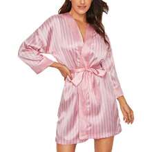 1pc Pink Striped Satin Belted Bathrobe, Luxurious Casual Wear, Autumn Style, Perfect For Lounging At Home. - 粉色 - 查看 2