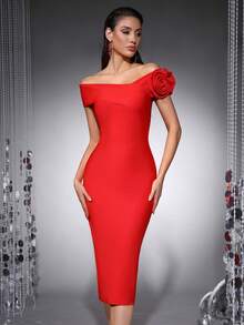 女士性感露肩交叉紧身连衣裙，优雅3D立体花卉露背开衩绷带针织连衣裙，露背鸡尾酒会礼服，舞会礼服，圣诞礼服，新年礼服 - 紅色 - 查看 7