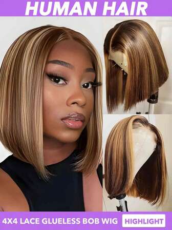 Peluca Bob frontal de encaje transparente de 4x4 con cabello humano y cabello de bebé, densidad de 180 a 250, sin pegamento, cabello humano pre-arrancado, color rubio miel 4/27, recto, peluca frontal de 8, 10, 12, 14 y 16 pulgadas, lista para usar, peluca Bob corta y recta para mujeres